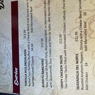 the menu for the restaurant