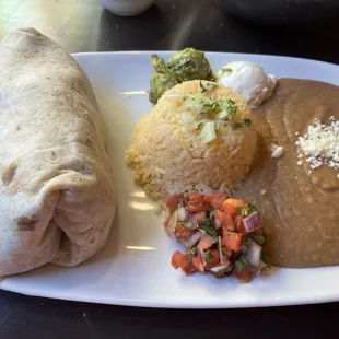 Burrito, rice, pico , refried beans