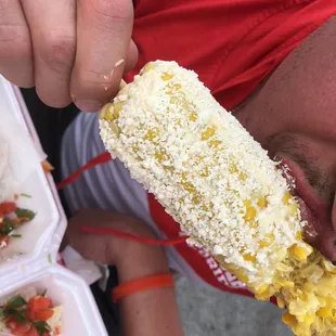 Corn on the cob, hits the spot! Ask for spicy or non spicy. (This one is not spicy).