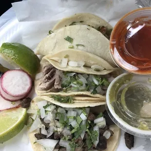 3 street tacos ($1 each) to-go. Steak, carnitas, chicken