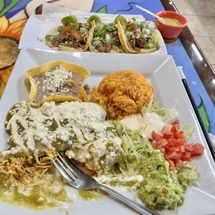 Chicken Enchiladas Verdes and Barbacoa Taco