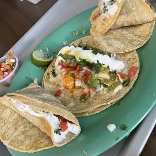 Shrimp and pollo tacos