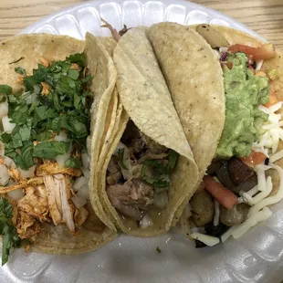 Chicken taco, Pulled pork taco, Potato taco w/guacamole