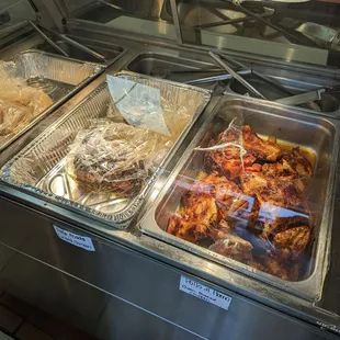 Seafoods, assorted meats.