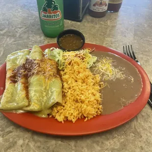 Shredded beef &amp; cheese enchiladas w/ rojo &amp; verde sauce