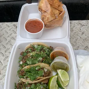 Beef tacos with chips and salsa