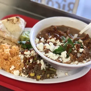 tortilla, rice, and beans