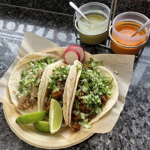 3 tacos: carnitas, pastor, and chorizo