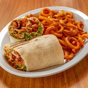 a burrito and fries on a plate