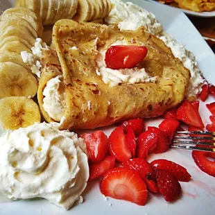 Ricotta Cheese Filled Crepe with Bananas Strawberry n Whipped Cream OMG