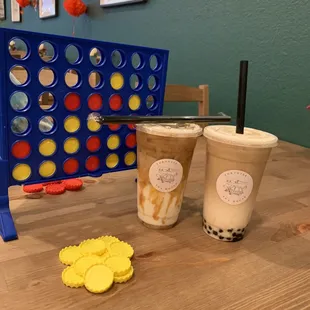 Caramel macchiato, sweet coconut milk with espresso and black Boba