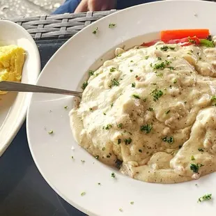 Biscuits and gravy with scrambled eggs