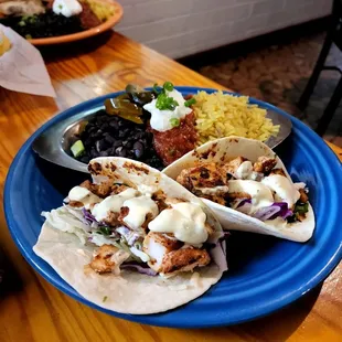 Fish Tacos with Rice and Black Beans.