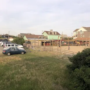Back of restaurant- volleyball and bean bag toss