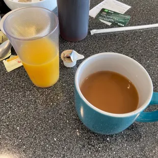 a cup of tea and a glass of orange juice