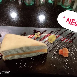 New dessert arrived. Mille crepe cakes(matcha/mango)