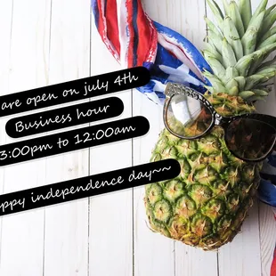 July 4th business hour is 3:00pm to 12:00am