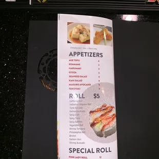 Happy Hour food menu: appetizers as low as $ 3                    Rolls as low as  $ 5