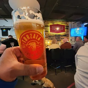 a person holding a beer glass