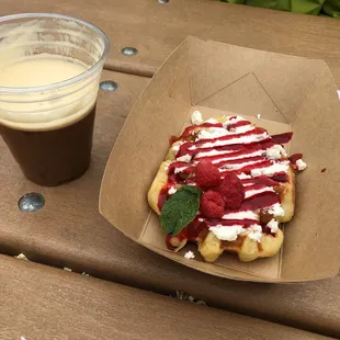 Pilcrow Coffee (sweet and creamy, nitro cold brew) and the featured Press waffle.