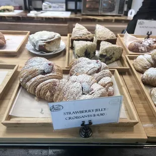 Strawberry jelly, croissants, and blueberries scones I think