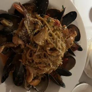 Seafood pasta special with spicy red sauce and freshmade spaghetti