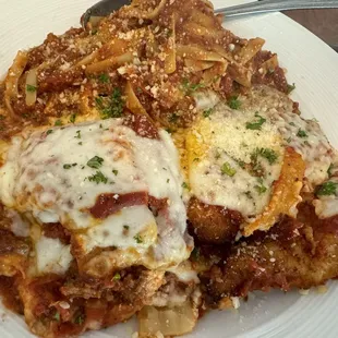 Lasagna, chicken parm and fettuccine with bolognese sauce.