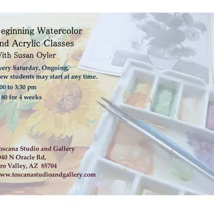 Beginning Watercolor and Acrylic Painting classes, this summer, every Saturday. Register online!