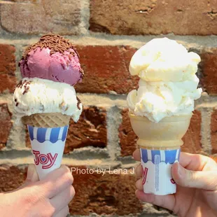 Small sugar cone with blueberry lemon &amp; kulfi ($5.50, left); small cake cone with earl grey &amp; lime picante ($5.50, right)
