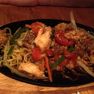 Chicken and beef Teppinyaki dinner with noodles $12, included soup