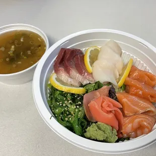 Chirashi Bowl - didn't know it came with miso. Wish they included Tuna as one of the sashimi options.