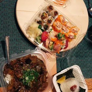 Rainbow, rock  n roll, kamizae, eggplant stir fried and plum rice ball