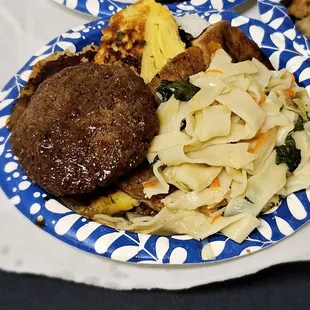 Teri burger, egg omelette, chow fun, hash &amp; fried ahi...