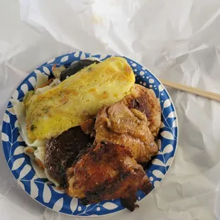 chow fun, tamago, shoyu chix, fried chix, and teri hamburger