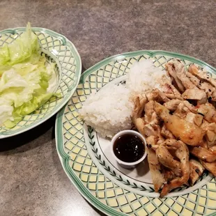 two plates of chicken and rice