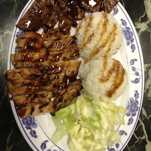 A large plate of chicken and pork teriyaki for $7.25 before tax