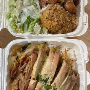 two takeout containers with chicken and rice