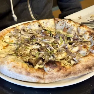 The Shroom (house white sauce, Saputo gold mozzarella, wild mushroom blend, caramelized onions, tarragon, truffle oil)