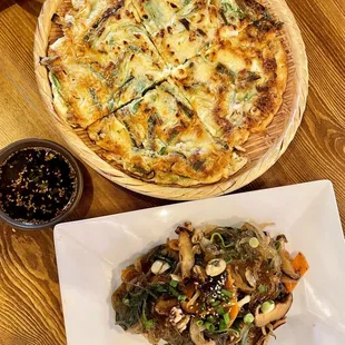 Seafood Pancake (Top) ; Seafood Japchae (Bottom)