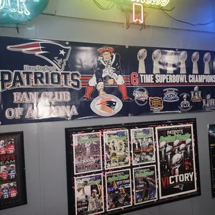 a wall of sports memorabilia