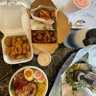 Spicy Tonkotsu Ramen, Chicken tenders and Fried chicken combo with Buffalo and a Fanta