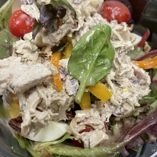 Custom mixed greens salad with jerk chicken, cherry tomatoes, candied pecan, hard boiled egg, bell peppers.