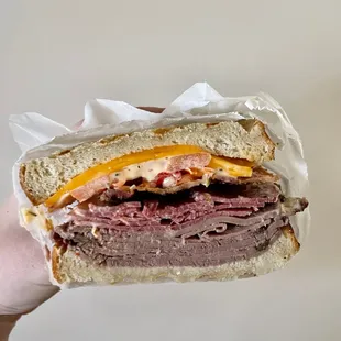 a hand holding a sandwich