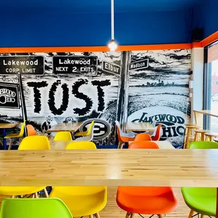 colorful chairs and tables