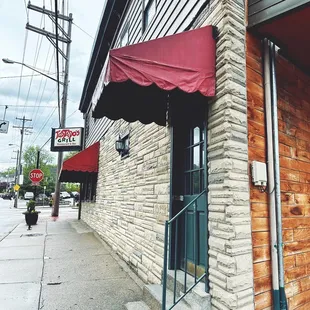 the entrance to a restaurant