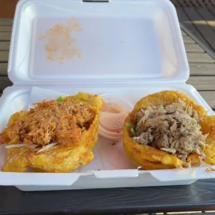 Tostones Rellenos: Honey Sriracha Chicken, Latin Pork