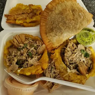 Beef empanada and 2 pork rellenos