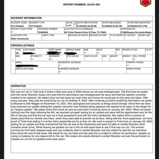 Police report filed to retrieve vehicle from total auto