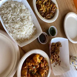 Aloo gobi and rice,  and cabbage Chana