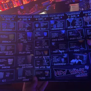Menu of drinks